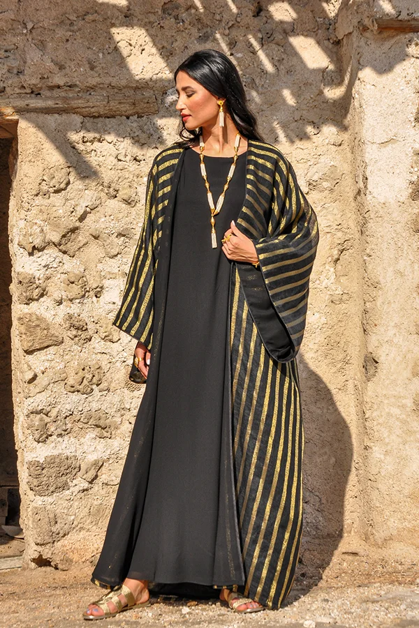 Pure-Linen-Striped-In-Gold-Abaya-Stripe-Black-1