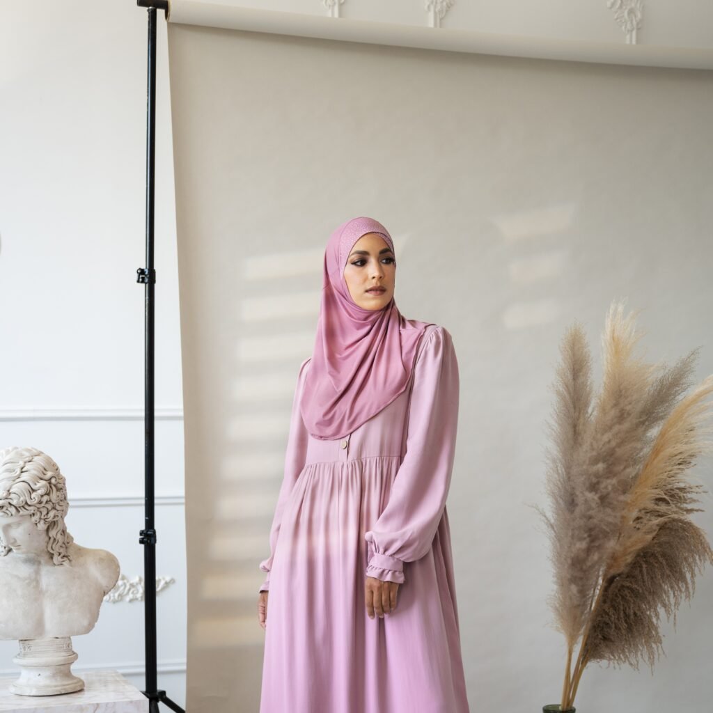 full shot woman posing with pink hijabfdgdg